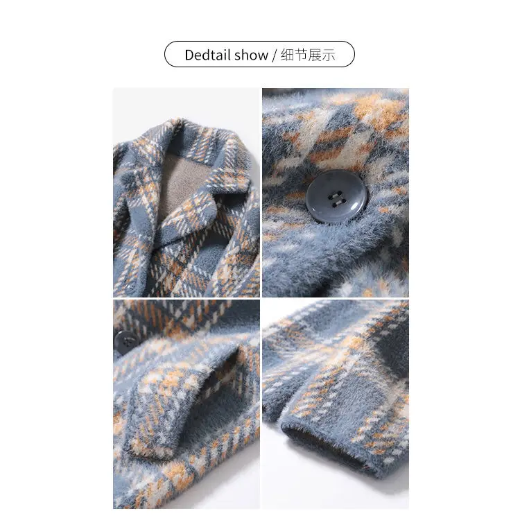 Winter Faux Mink Fur Plaid Knit Coat Jacket Outwear Women Warm Long Knitted Cardigan |