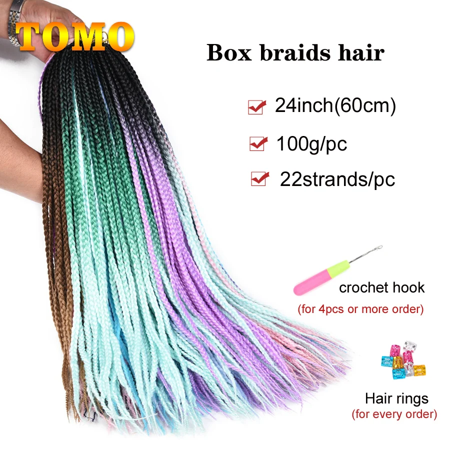 Tomo Омбре Box косы вязаные крючком волосы 24 дюйма красочные синтетические Zizi
