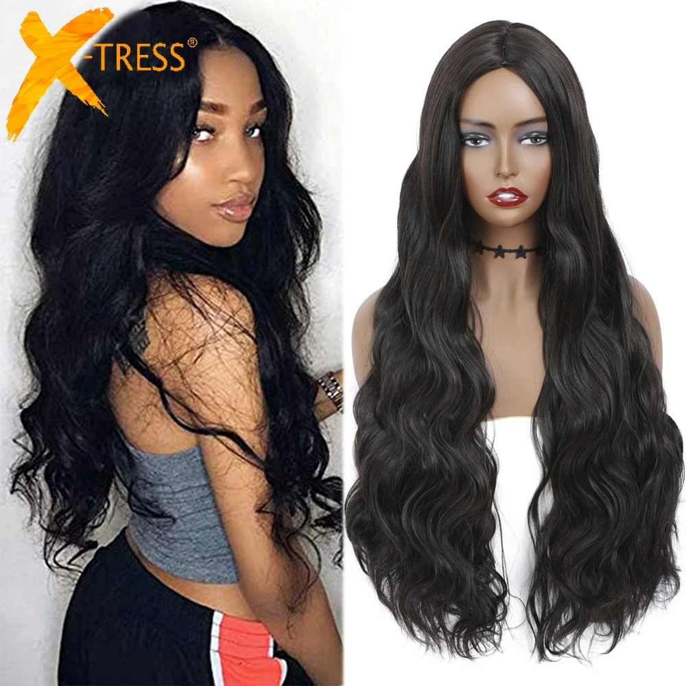 

Long Body Wave Synthetic Machine Made Hair Wigs For Women Middle Part Daily Wavy Hairstyle 30 Inch Glueless Natural Wig X-TRESS