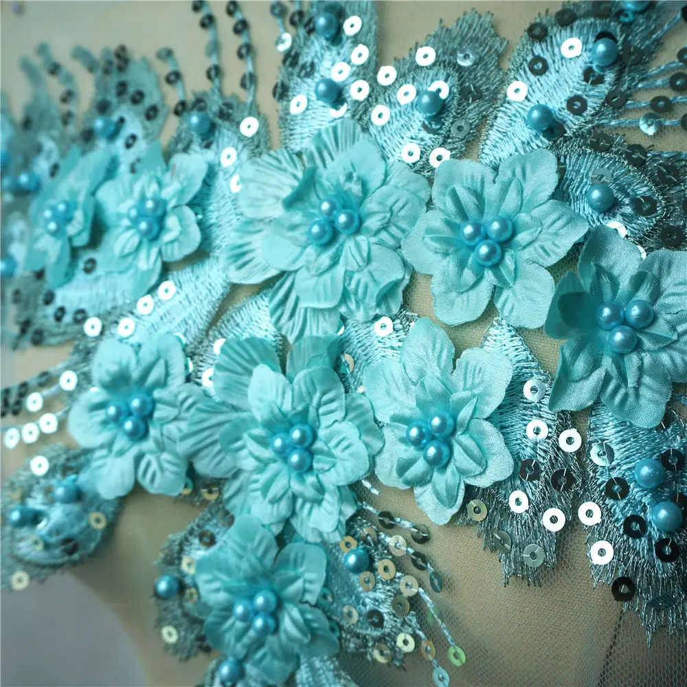 Teal Blue Sequin Tassel 3D Flower Rose Beads Lace Fabric Embroidered Gown Appliques Collar Mesh Sew Patch For Wedding Decoration | Дом и сад