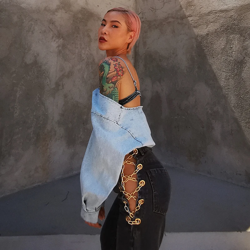 

SISPELL Off Shoulder Womens Denim Coat Slash Neck Lantern Long Sleeve Backless For Female Sexy Coats 2020 Fashion Autumn New