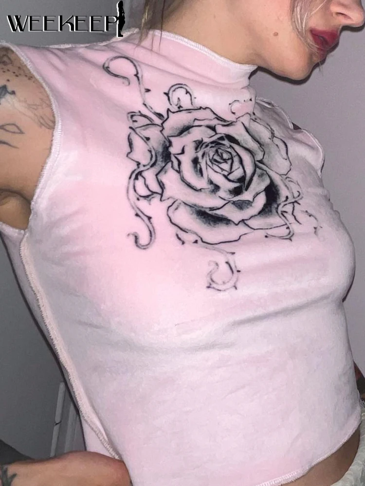 

Weekeep Cute Pink Women's Tank Top Autumn Party Velvet Sleeveless Floral Print Skinny Tee y2k Harajuku Ladies Fairycore Crop Top