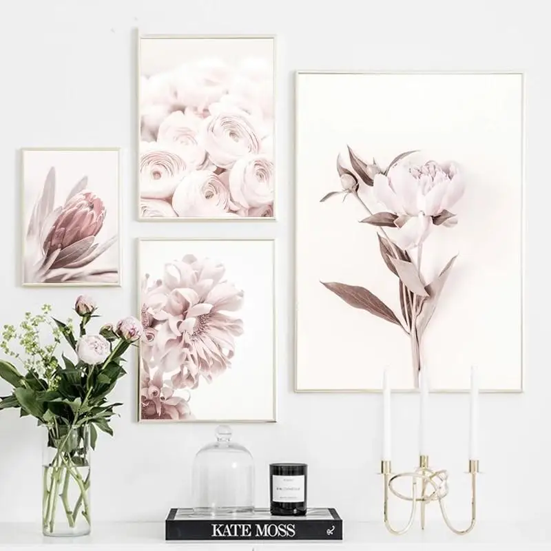 Цветочное искусство настенное искусство Пионы Плакаты Цветочный принт Протея Роза Живопись на холсте Скандинавская гостиная Спальня Украшение комнаты Картины.