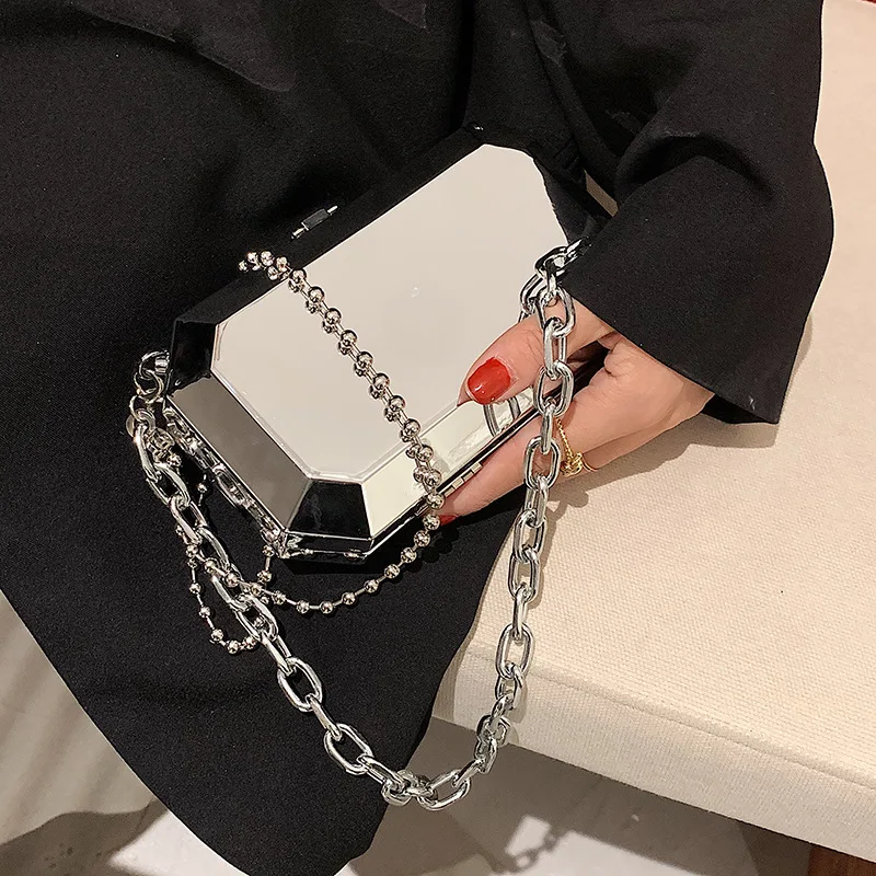 

Luxury Silver Metal Box Bag Ladies Party Clutch Bag Evening Bag Chain Purse Crossbody Mini Bag Female Shoulder Bag Handbag Flap