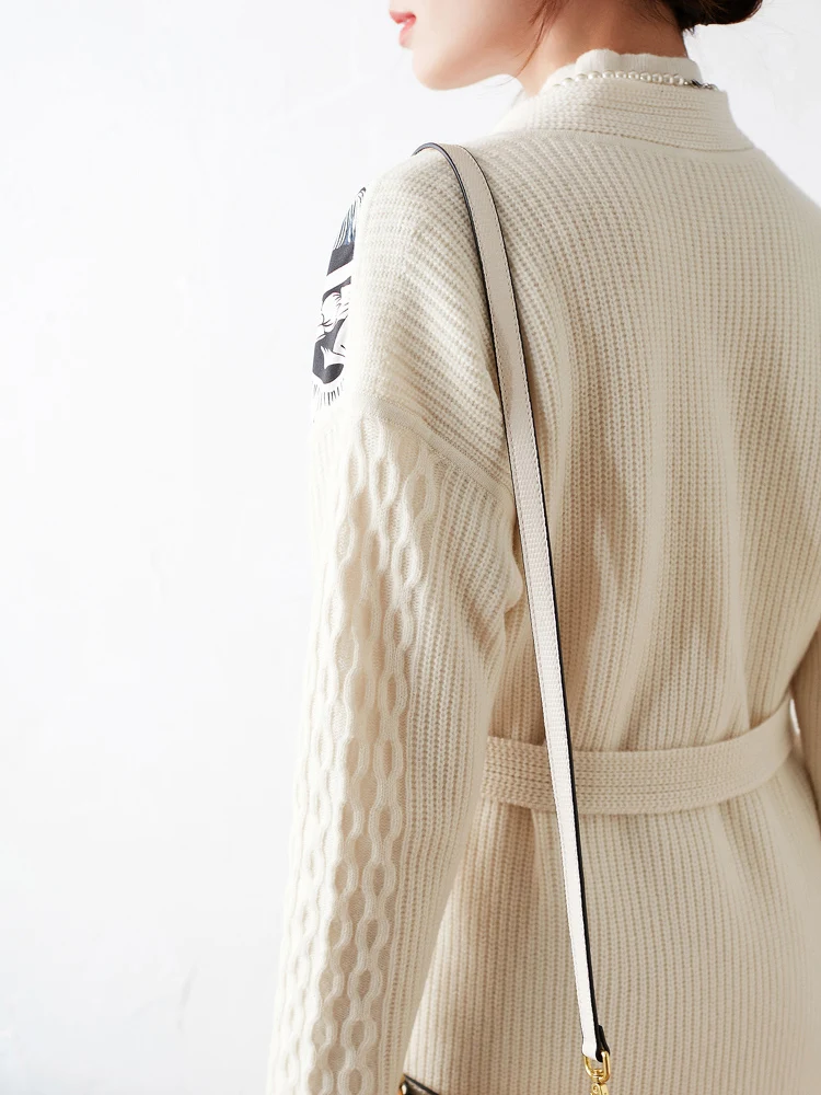 

New Printed silk splicing wool cardigan women's winter loose knitted coat medium length sweater thickened