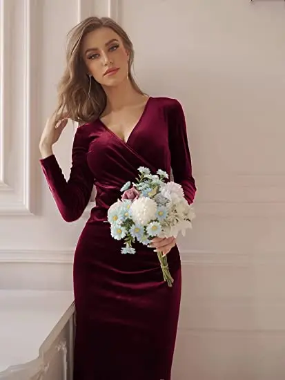 

2021 Autumn Winter Women Solid Long Sleeve V neck Hollow Out Midi Dress Bodycon Sexy Party Elegant Evening Clothes