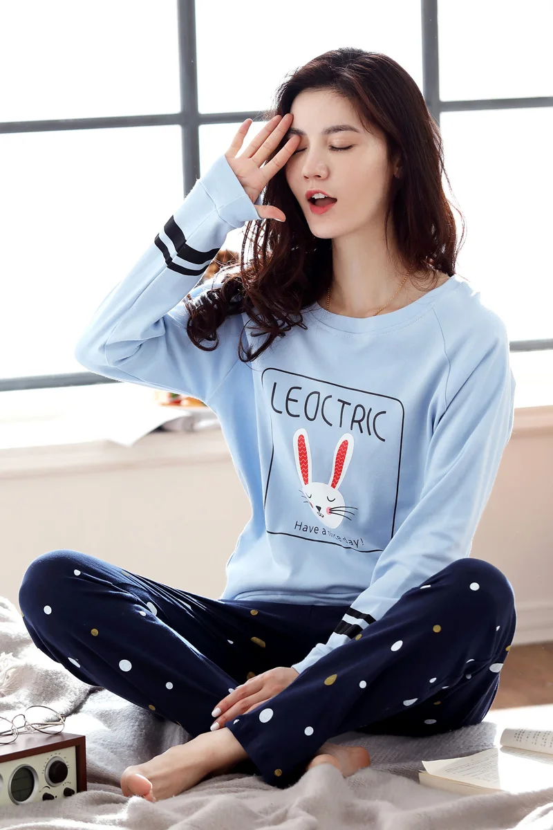 

100% Cotton Long Sleeved Cartoon Rabbit Pajamas Women's Pajamas Sets Girls Sleepwear Nightgowns Lounge Women Fashion Clothing