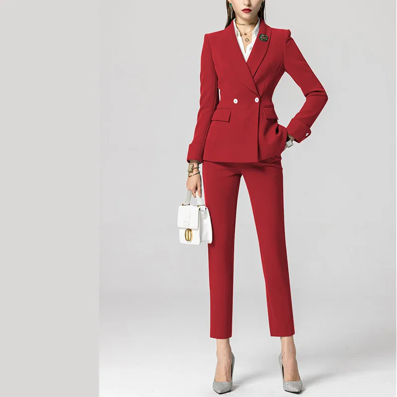 

Женский брючный костюм из двух предметов, двубортный пиджак с высокой талией, деловой костюм из 2 предметов