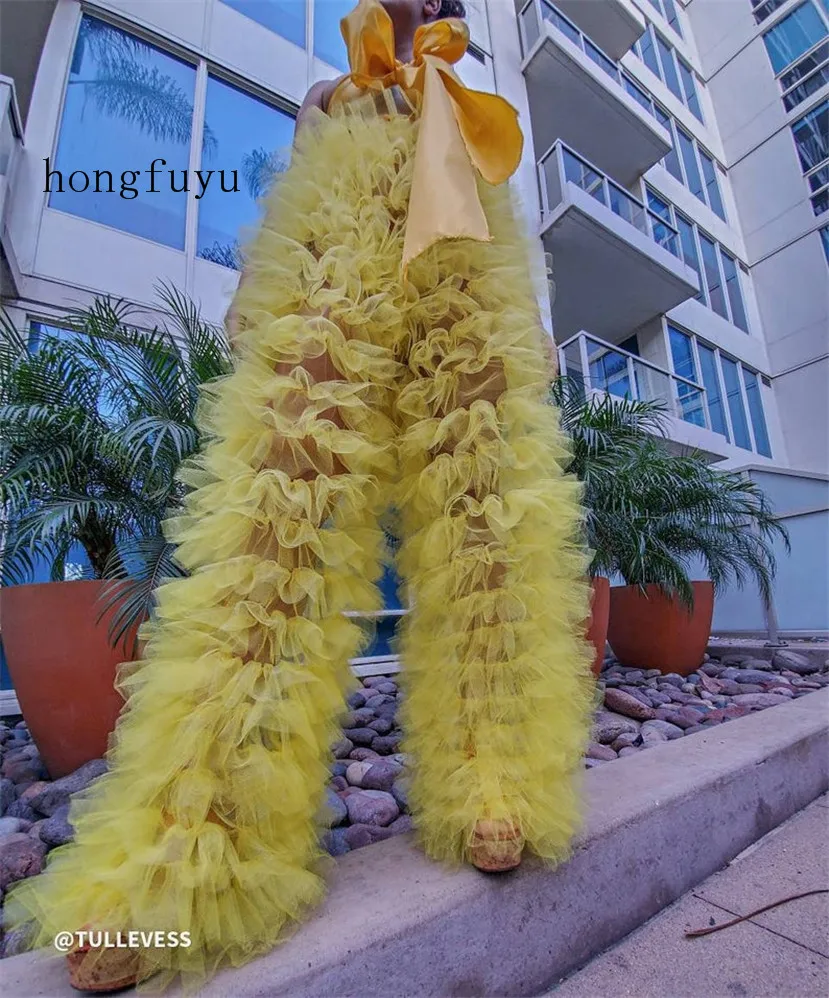 

Желтые брюки, модные платья для выпускного, женские брюки, официальное платье, Тюлевая блузка с открытыми плечами в несколько рядов, 2021