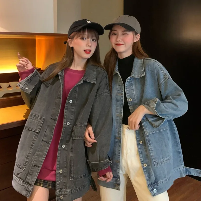 Женская джинсовая куртка Harajuku в гонконгском стиле свободная повседневная