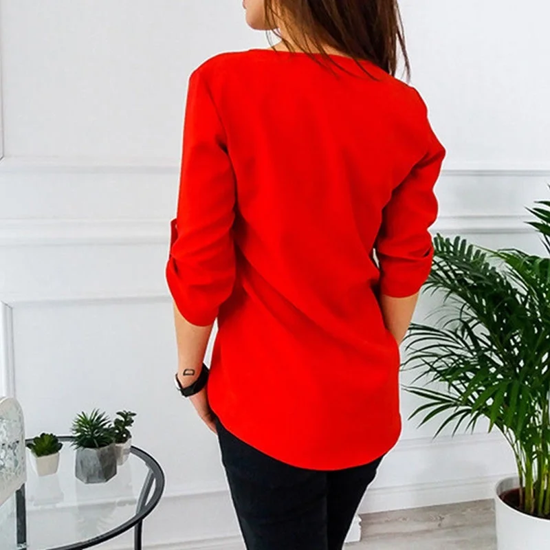 

Woman Tshirts Front Zipper V Neck Tops Rolled Up Long Sleeves Solid Female T-shirt Autumn Plus Size Shirts for Women