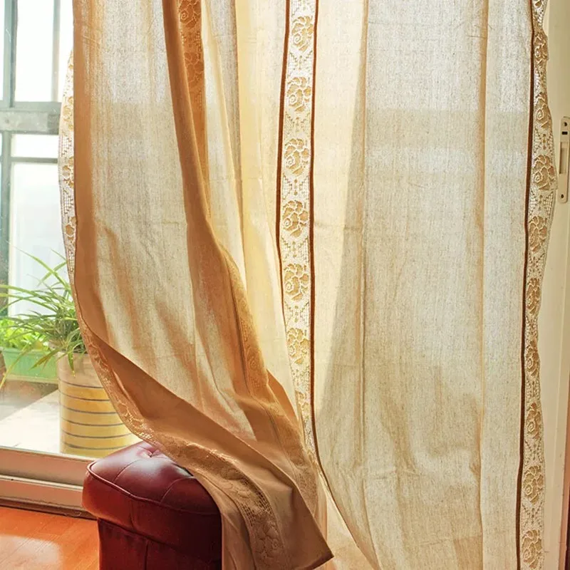 Европейские стильные бежевые занавески из хлопка и льна с розовыми кружевами