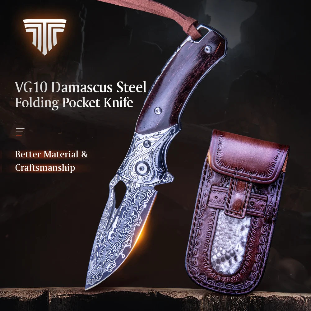 TRIVISA Japanese Damascus Pocket Folding Knife Rosewood Handle with Clip EDC Tactical Tool for Self Defense Hunting Survival