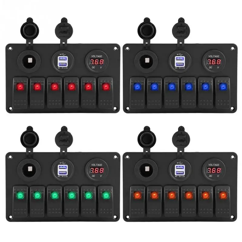 12V 24V 6 Gang Car Boat Marine LED Rocker Switch Panel Dual USB Voltmeter Cigarette Lighter Charge 4 Color | Автомобили и