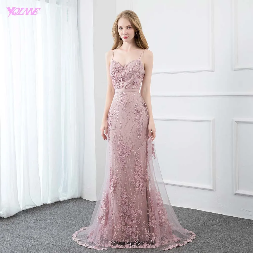 YQLNNE розовые кружевные Длинные вечерние платья с цветами и жемчугом 2019 бретелей