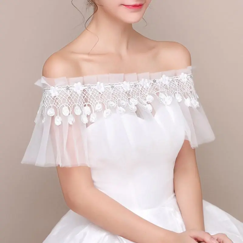 

Female Banquet Bride Wedding Shawl Wraps Sexy Off Shoulder Fringed Rhinestone Lace-up Short Cape Pleated Ruffles Bolero Shrug