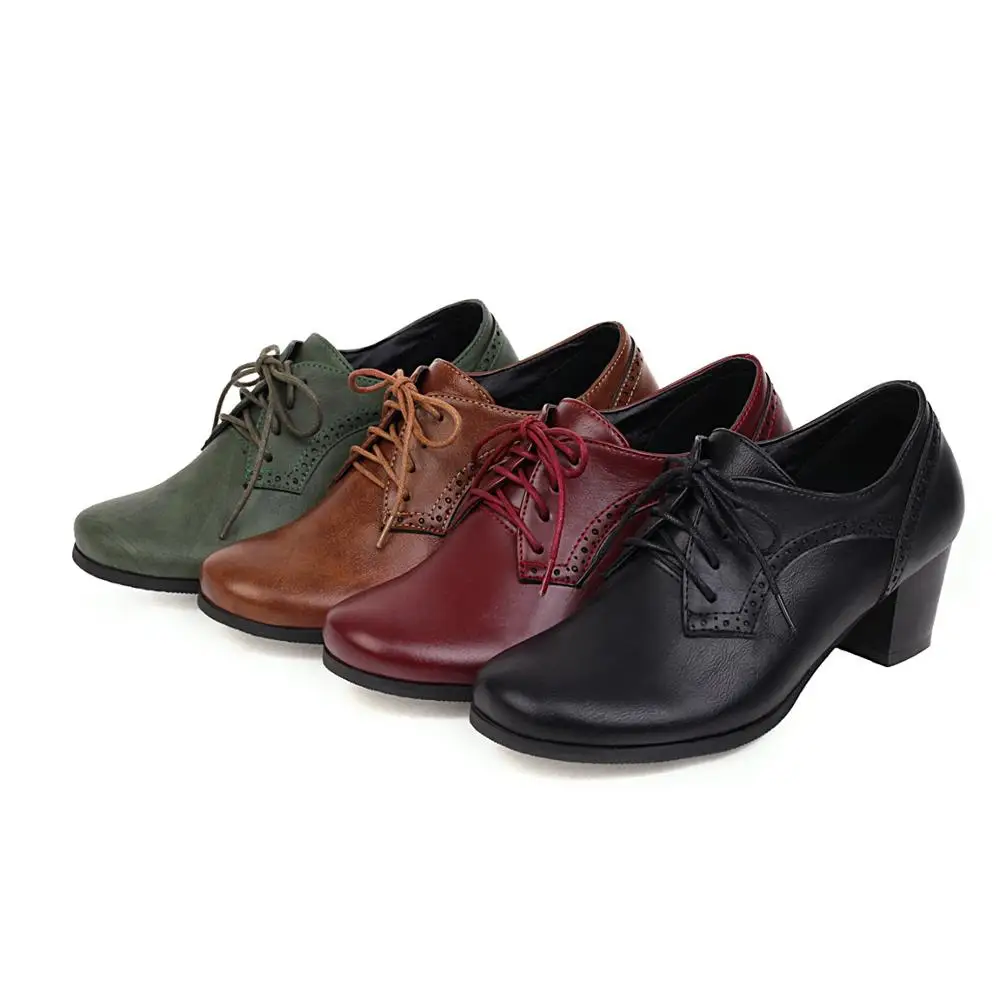 

Plus Size 34-43 Spring Autumn Women Shallow Brogue Shoes Chunky Heel Cut Out Oxford Shoes Ladies Lace Up Female Fashion Footwear