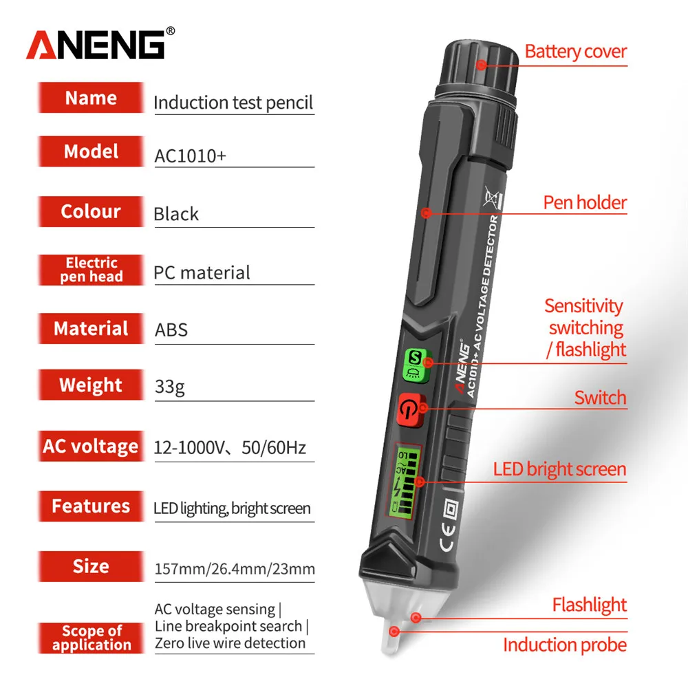 ANENG VC1010 + Digital Detector de tensión medidor inteligente no-Bolígrafo de contacto de alarma de prueba ca de Sensor Pen Tester para herramientas de electricista