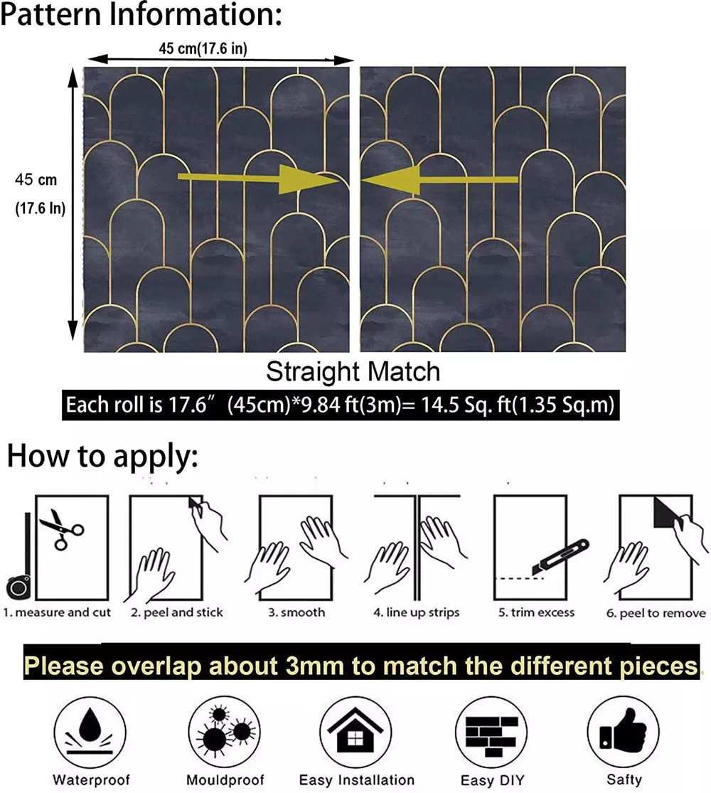 

Black Gold Metal Arc Self Adhesive Wallpaper Peel And Stick Contact Paper Bedroom Wall Renovation Furniture Renovation Stickers