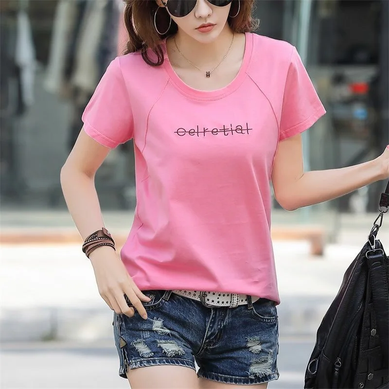 

100% Cotton T Shirt Woman O Neck Short Sleeve T-shirt Woman Korean Style Plus Size Shirt 2021 New Fashion Summer Women Shirts