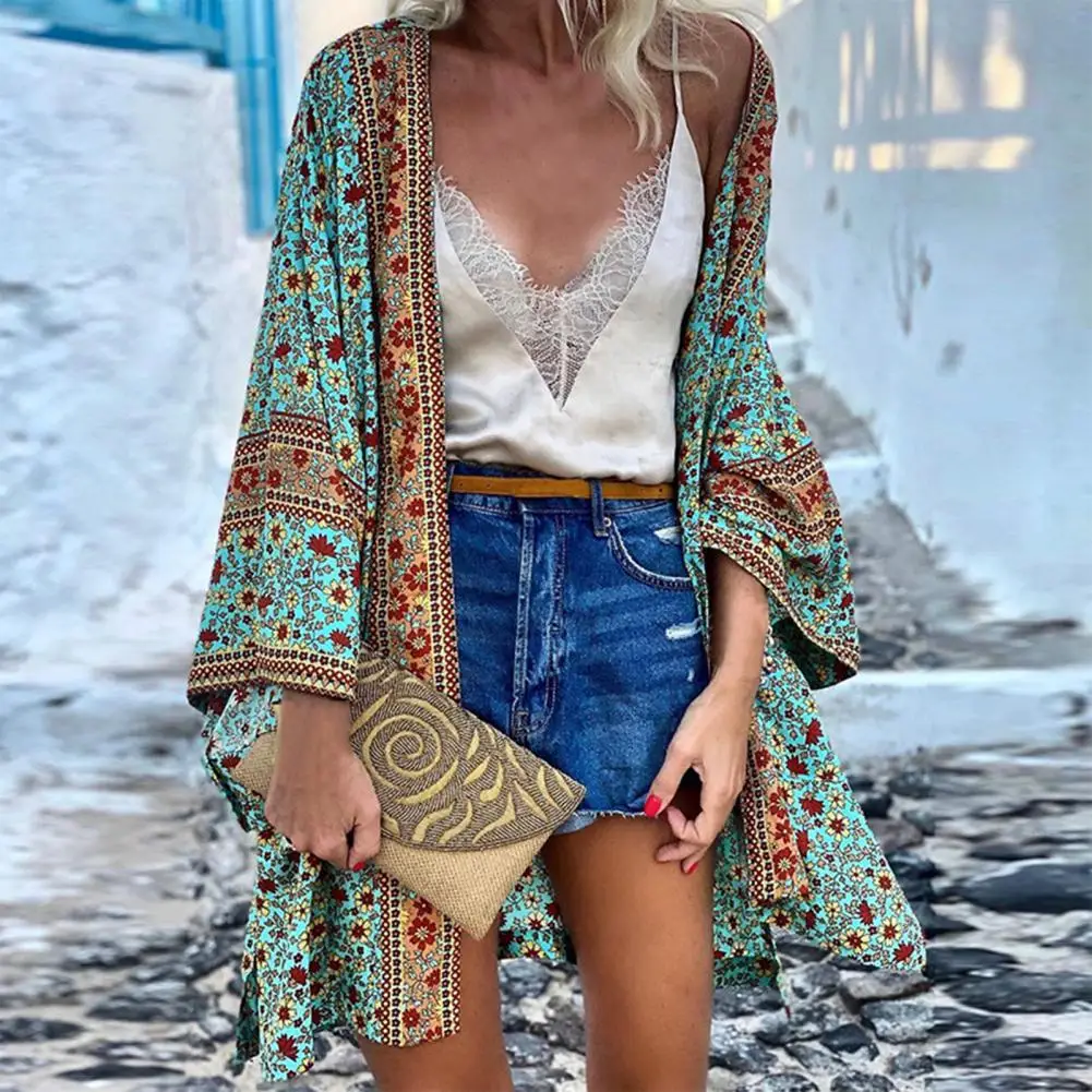 

Bohemian Floral Printed Cardigan Women Summer Long Sleeve Blouse Kimono Casual Open Front Loose Beach Tops Vintage Blusas