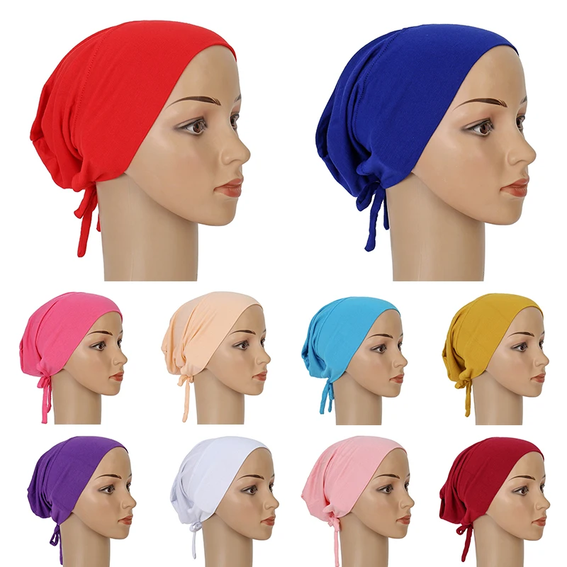 

Arab Muslim Turban Modal Elastic Bottom Cap Tie Rope Hijab Pure Color Adjustable Multicolor Strap Bottoming Head Wrap Turban Hat