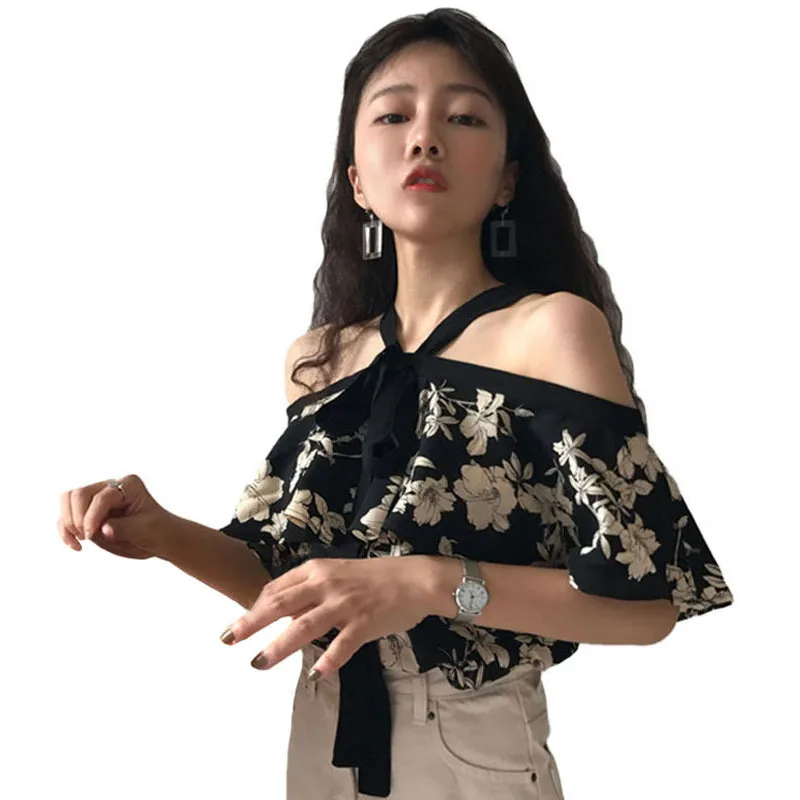 

2021 Summer Retro Hong Kong Style Chic New Loose Strap Pullover Collar Off-the-shoulder Chiffon Shirts Women Tops Blouses Sexy
