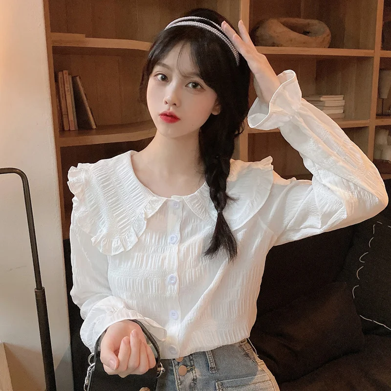 

Женская рубашка с длинным рукавом, белый топ с кукольным воротником, весна-осень 2021