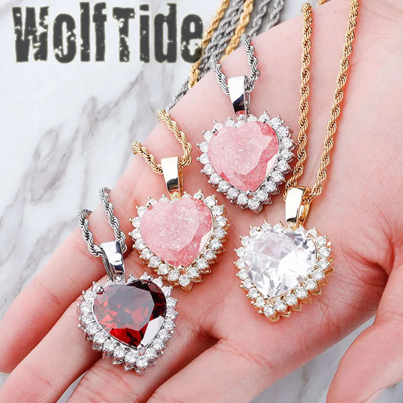 

New Fashion 5 Colors Iced Out Cubic Zirconia Heart Pendant Necklace Hip Hop Jewelry Love Gift for Women Kalung Collar for Lovers