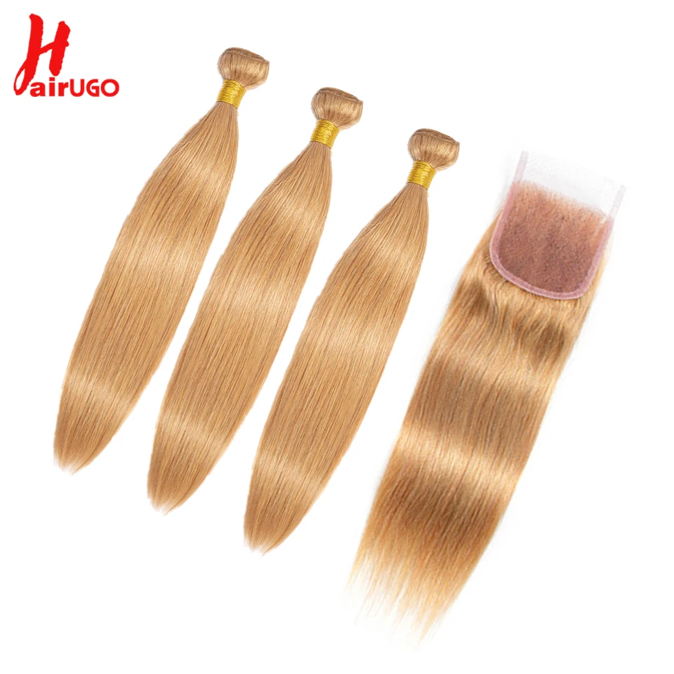 HairUGo волосы медовый блонд пряди с закрытием 27# бразильские волосы 3 пряди с закрытием прямые Remy натуральные кудрявые пучки волос