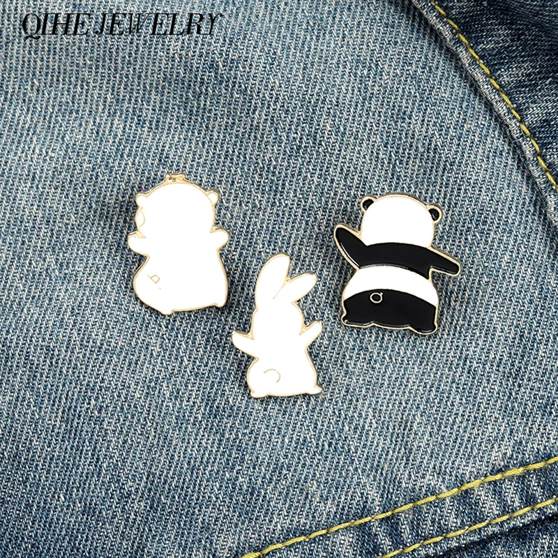 

QIHE JEWELRY Cute Animal Enamel Pin Panda Bunny Rabbit Cat Bear Back View Brooches Kawaii Cartoon Lapel Pins Kids Children Gifts