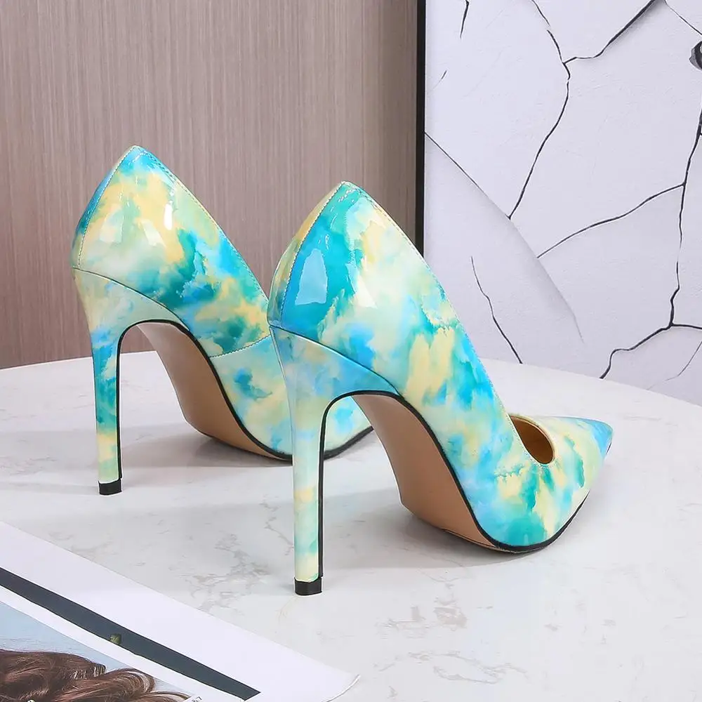 

Ladies High Heels Colorful Graffiti Mirror Smooth Leather Women Shoes Pumps Pointed Toe Stiletto Heels 11cm Fashion Female Shoes