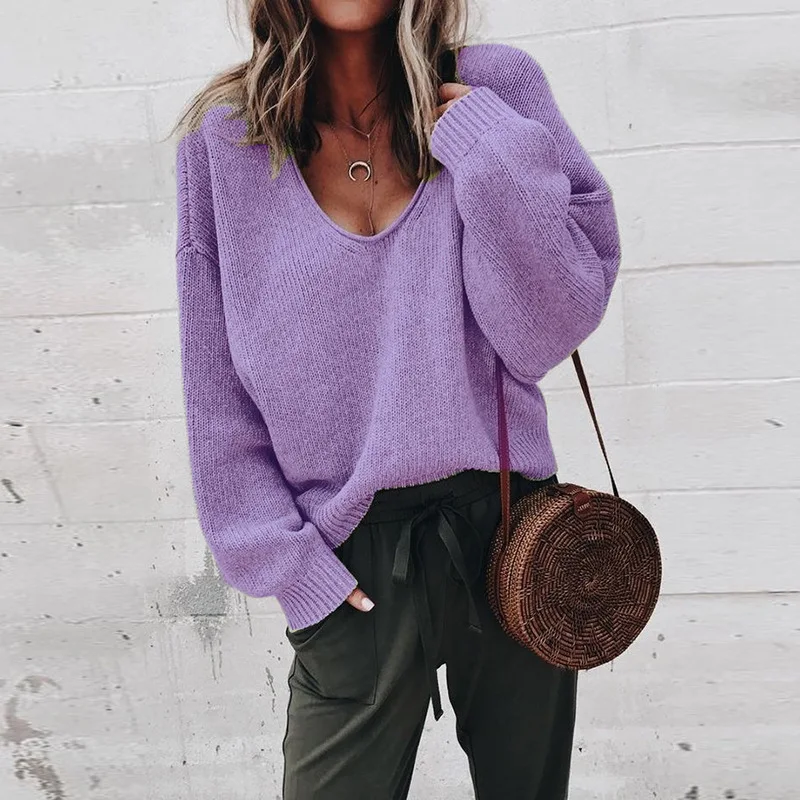 

Women's Loose Knitted Pullover Jumper Sweater V Neck Long Sleeve Knitwear Tops