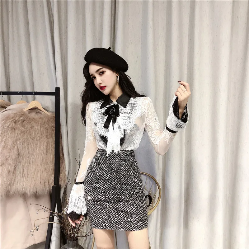 

Elegant Bow Turn-down Collar Women Lace Blouse Korean Sexy Hollow Out Blouses Flare Long Sleeve Blusas Mujer 77842