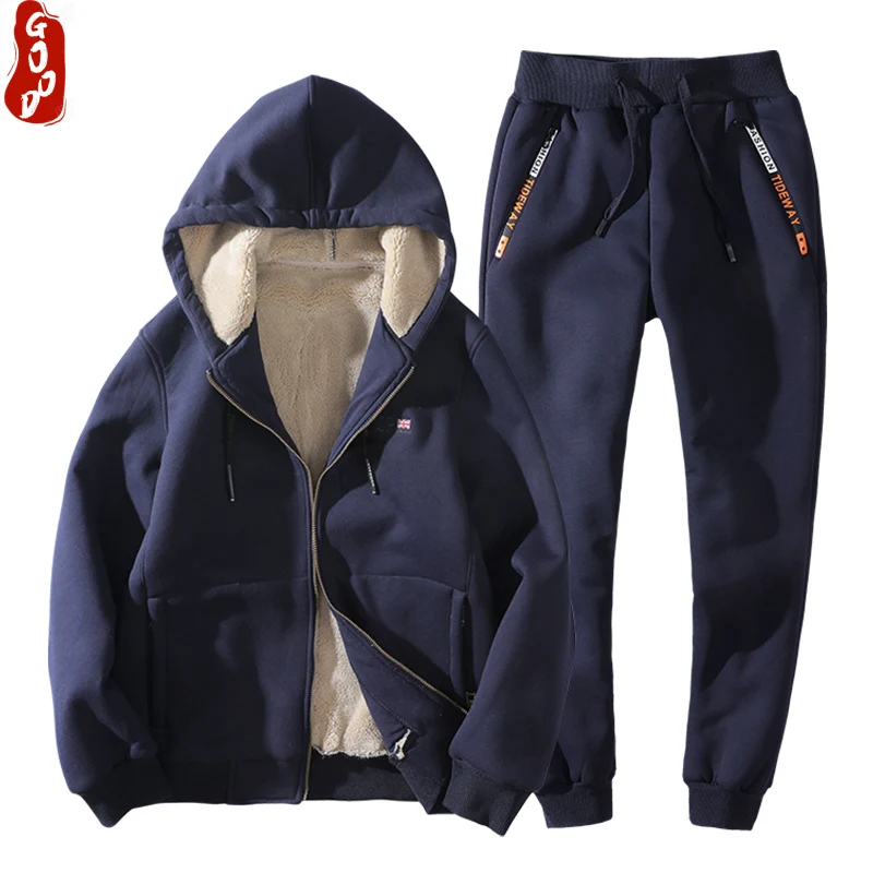 

Plus Size 6xl Men's Sportswear Winter Man Clothing Streetwear Tracksuit Men Two Piece Set Wool Liner Jogging Homme 15839