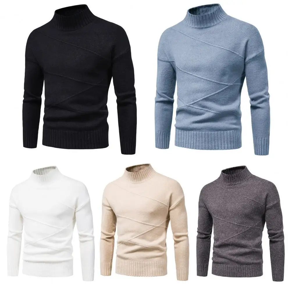 

HOT SALES！！！New Arrival Men Casual Pullover Top Half High Collar Slim Ribbed Cuff Stripe Solid Color Bottoming Sweater Daily Wea