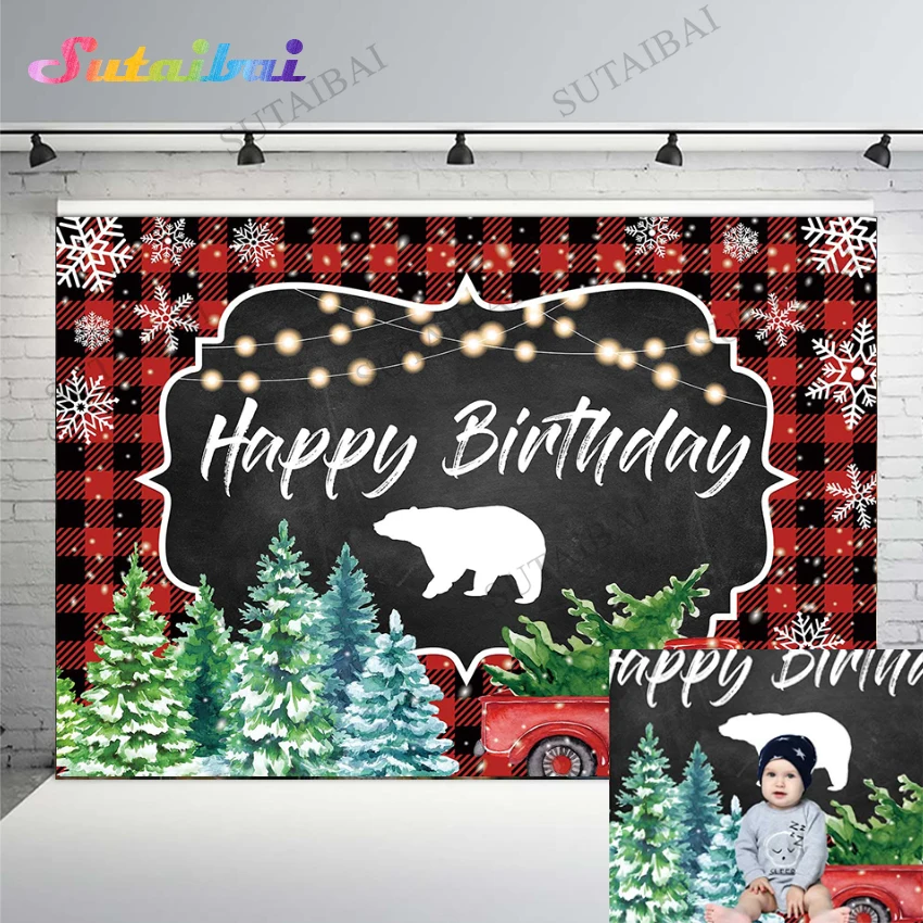

Baby 1st Birthday Backdrop Winter Christmas Lumberjack Truck Red Black Plaid Snowflake Photography Background for Children Party