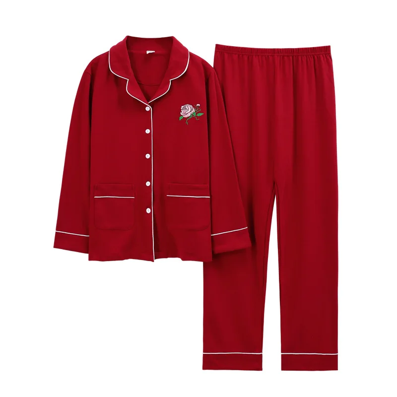 

Autumn Cotton Pajamas Set Wedding Celebration Red Cardigan Simple and Natural Home Clothes Suit Huispak Vrouwen Women Pijama