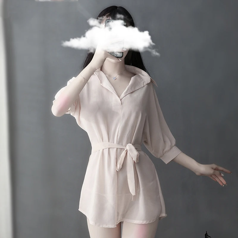 

New Women's Erotic Lingerie European and American Style Ladies See-through Chiffon Shirt Pajamas Home Service Temptation Suit