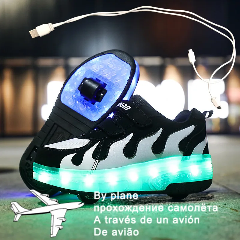 Дети Мальчики светящиеся белые кроссовки с двойной два колеса роликовые коньки