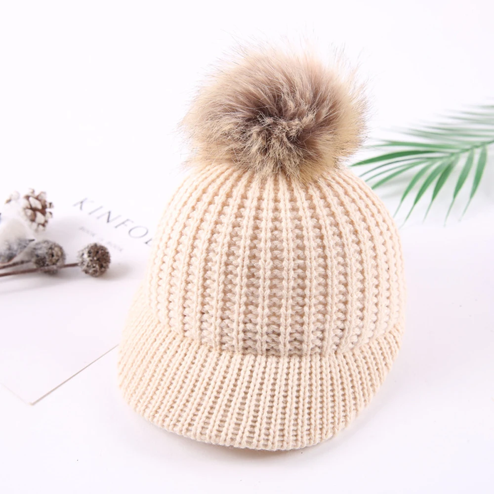 

2020 Winter Outdoor Striped Pompom Knitted Baseball Cap Adjustable Solid Color Warm Fashion Fur Ball Hat for Baby Kids Cap