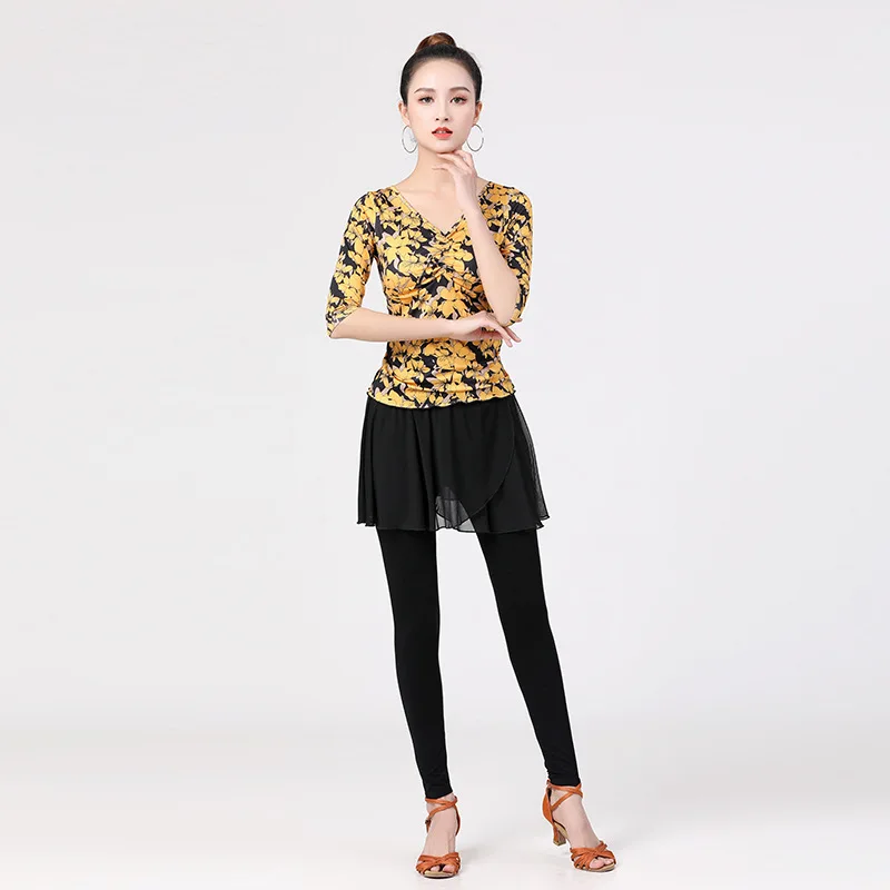 

New Women Latin Dance Dress Short-sleeve Latin Tops And Long Pants Skirt For Moden Female Ballroom Performance Training Costumes