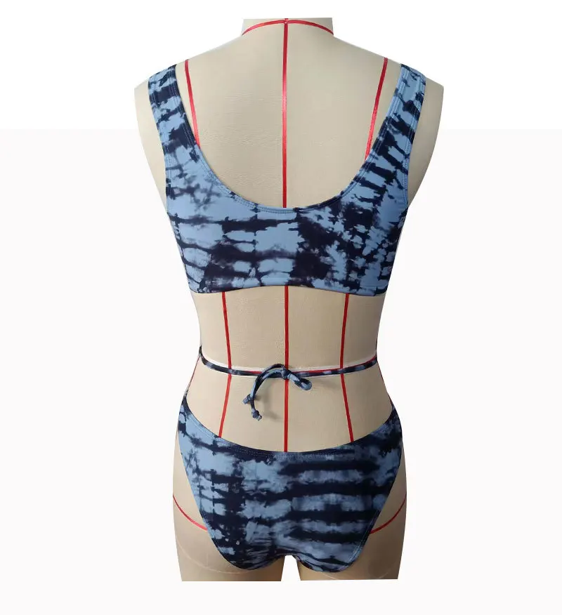 

3PCS Women Blue Print Bikini Set Swimwear Cover Up Skirt Sexy Hollow Bandage Beach Bathing Dress Swimsuit Cover Ups