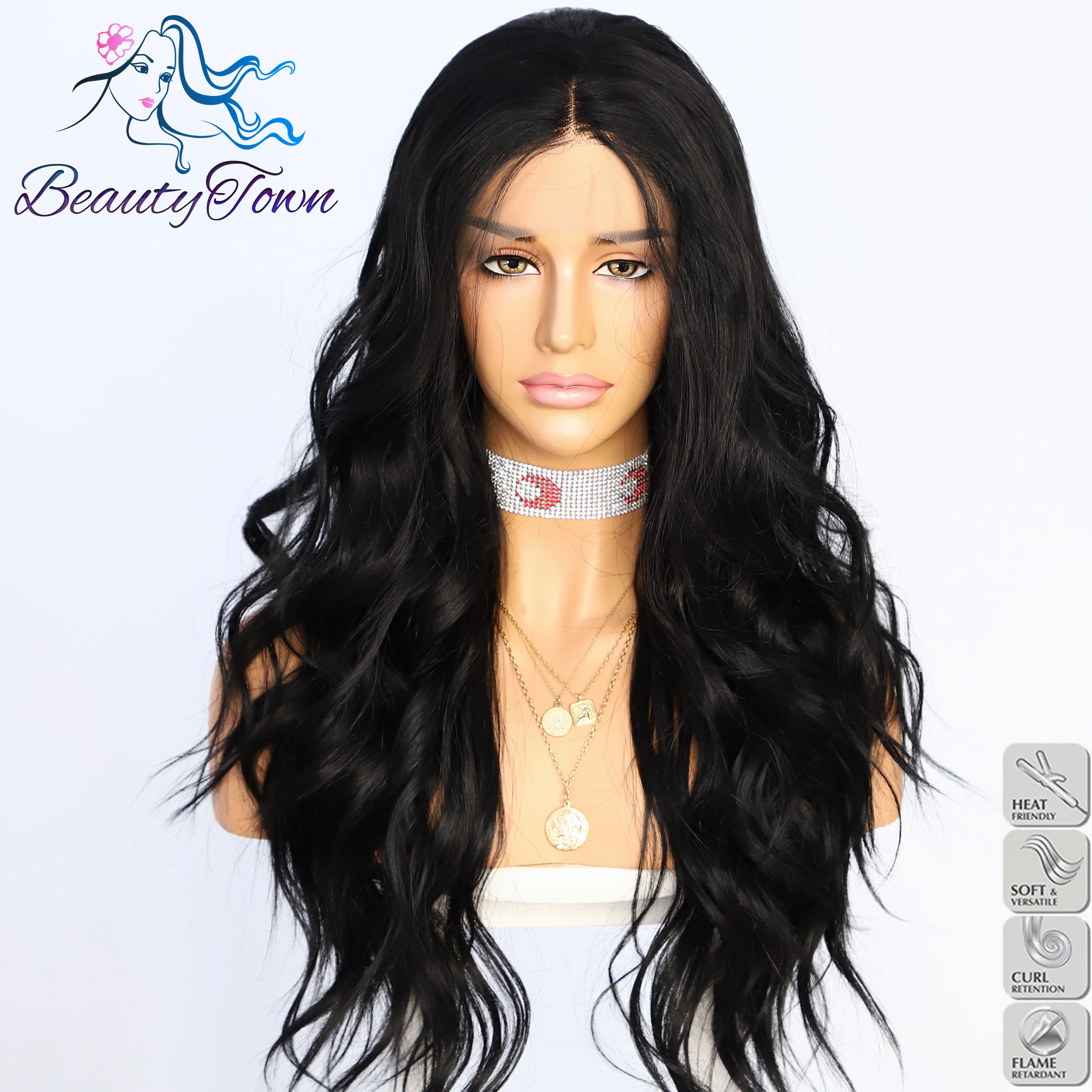 BeautyTown черный цвет волна воды Futura термостойкие волосы для женщин для свадебной вечеринки волосы для ежедневного макияжа синтетические парики на кружеве