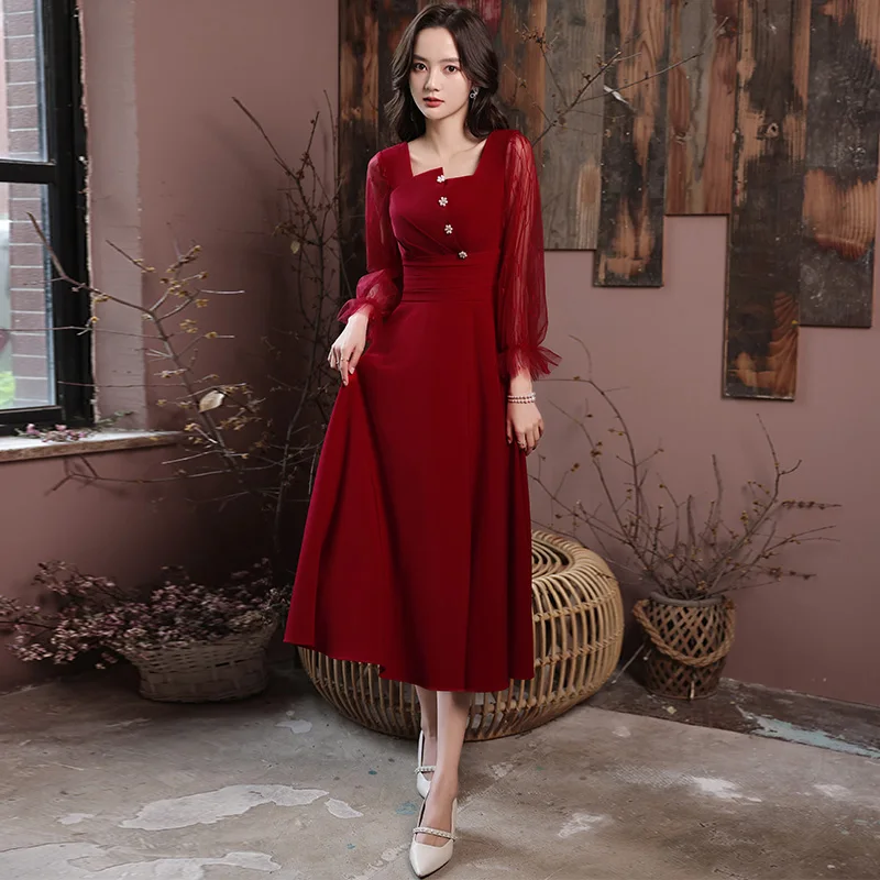

Evening Dress Simple Burgundy Square Collar A-Line Full Sleeves Pleat Ankle-Length Zipper Back Woman Formal Party Gowns A1535