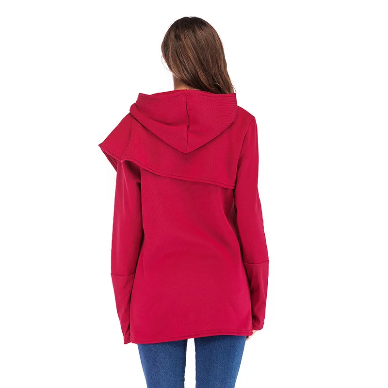 

Grey Red Fleece Long Sleeve Loose Hoodies Women Solid Color Hooded Pocket Sweatshirts Fashion Winter Irregular Hoodie Clothing