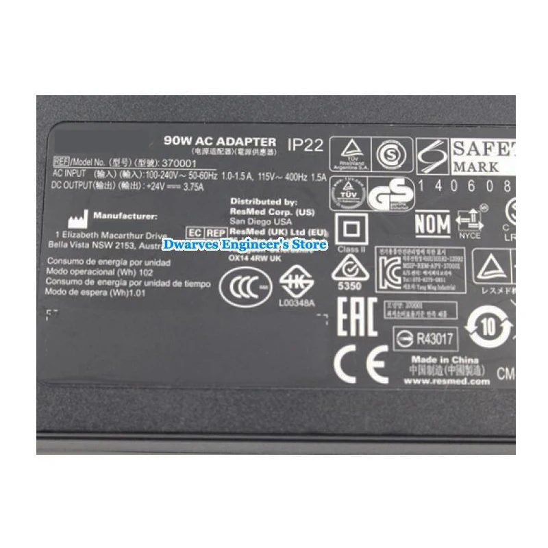90 Вт 370001 24V 3.75A адаптер переменного тока IP22 для ResMed воздуха чувство S10 10 кривой 1 370002