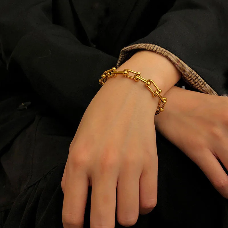 

S925 Silver Hiphop Thick U Shape Link Chain Bracelet for Women Men Vintage Handmade Hasp Bracelet Jewelry Birthday Gifts