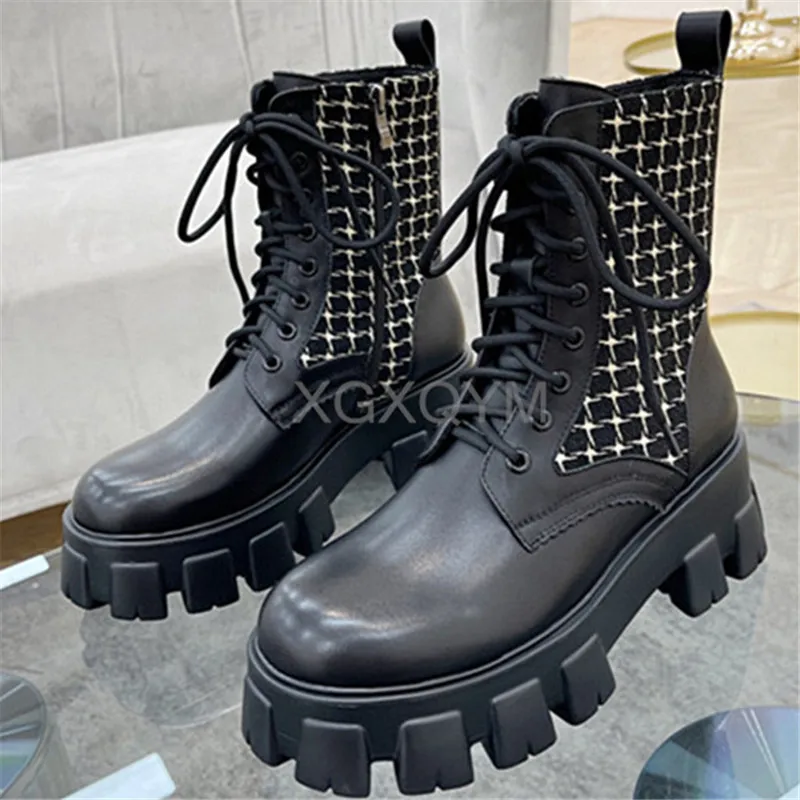 spesifikasi Sepatu Bot Martin Platform Musim Gugur Musim Dingin Desainer Mewah Sepatu Bot Pergelangan Kaki Hitam Berenda Wanita Sepatu Bot Pendek Antiselip Kulit Asli Wanita