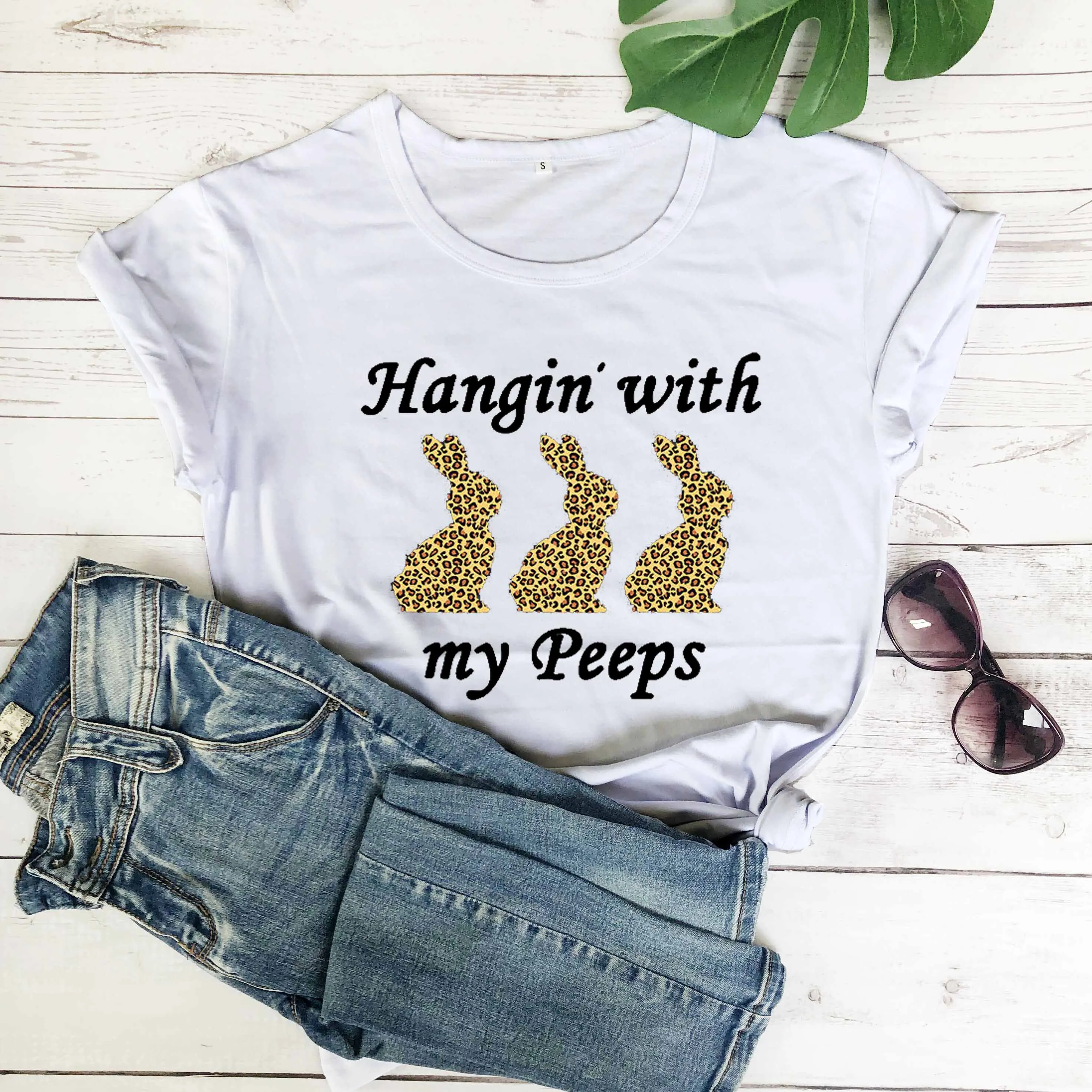 

Easter Day Leopard Printed Hangin' With My Peeps T-Shirt funny holiday gift girl street style pure cotton casual quote art Tee